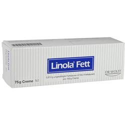 Weiße Verpackung mit der Aufschrift "Linola Fett" in blau.