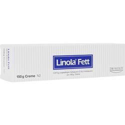 Weiße Box mit blauer Aufschrift "Linola Fett" und Text "150 g Creme".