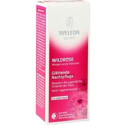 Die Verpackung einer glättenden Nachtcreme mit Wildrose-Motiv von Weleda.