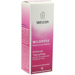 Pinkfarbene Weleda-Verpackung für glättende Tagespflege mit Wildrosenextrakt.