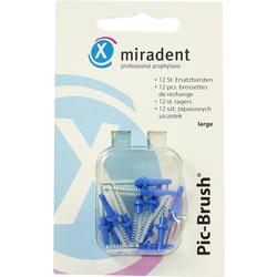 Verpackung mit 12 blauen Ersatzbürsten für Zahnzwischenräume.