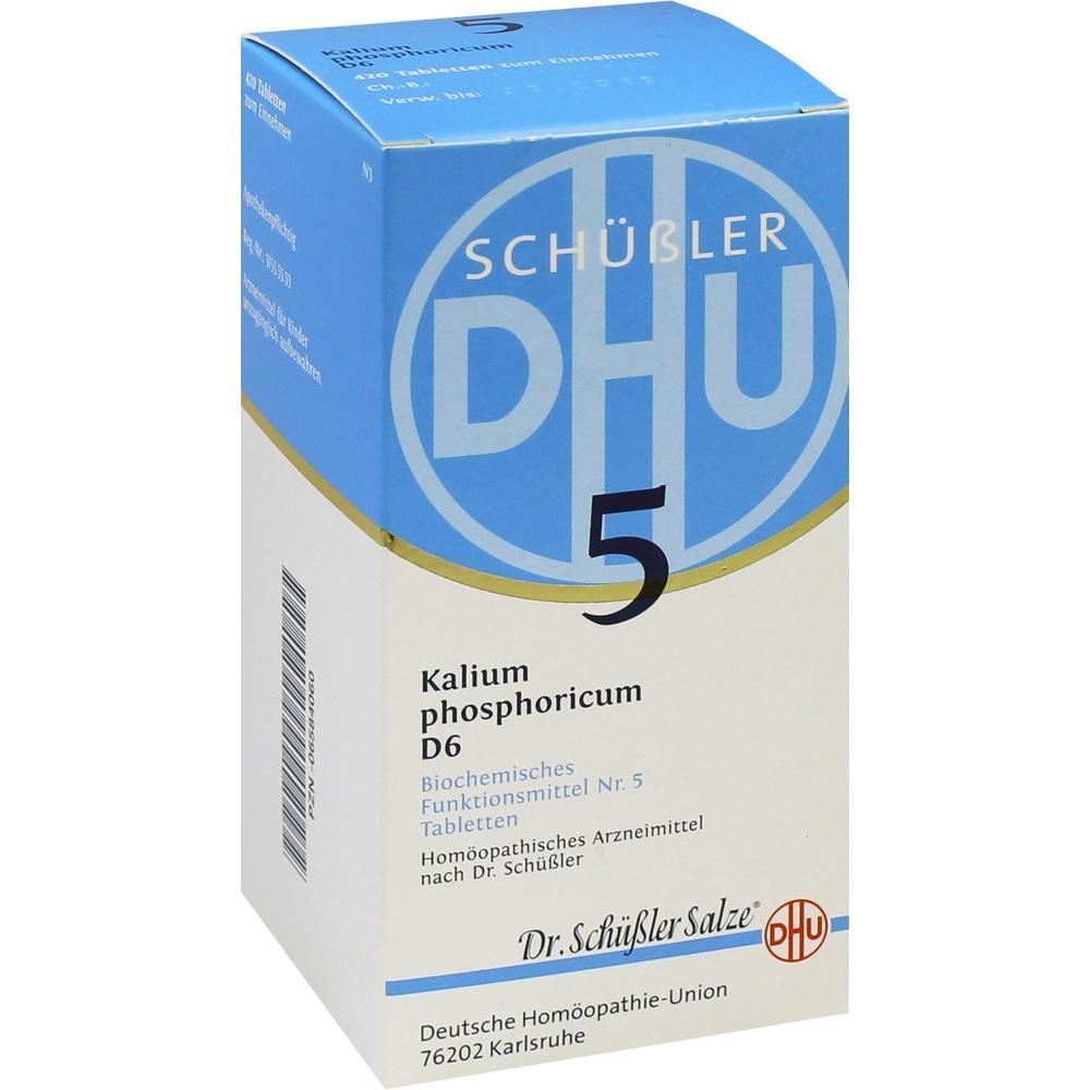 Weiße Schachtel mit blauer Aufschrift für Schüßler Salz Nr. 5, Kalium phosphoricum.