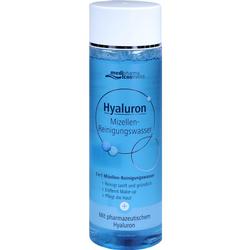 Blaue Flasche mit Mizellen-Reinigungswasser und der Aufschrift "Hyaluron".